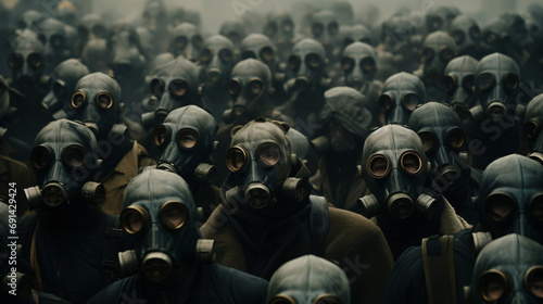 Crowd in gas masks photo