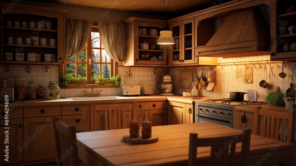 Cozy kitchen with warm-toned wooden cabinets and pendant lights Cozy kitchen with warm-toned wooden cabinets and pendant lights