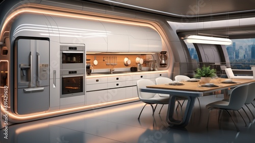 High-tech kitchen featuring smart appliances and a futuristic design