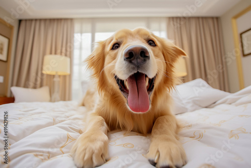 A joyful golden retriever dog is lying on a big white bed. Life with animals and their way of life
