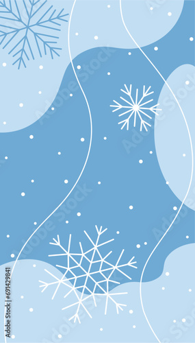 Winter snowflakes background, flyer, light banners with abstract shapes. Blue colors and white flakes, social media background. Vector illustration.