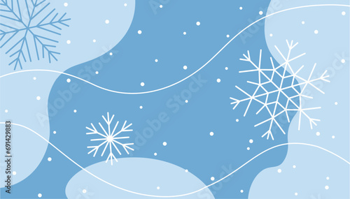 Winter snowflakes background, flyer, light banners with abstract shapes. Blue colors and white flakes, social media background. Vector illustration.