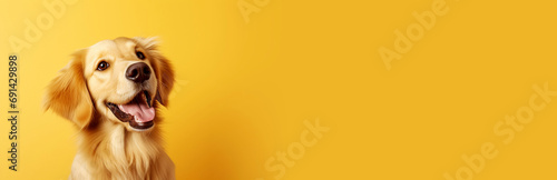 A beautiful golden retriever on a solid orange background. A place to advertise dog food or pet store products and veterinary pharmacies. Banner © evgeniia_1010