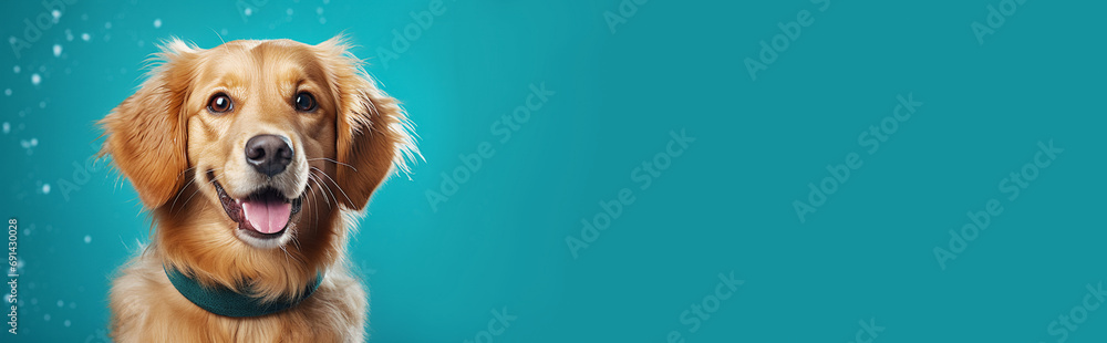 A beautiful and cute golden retriever dog on a turquoise background. Banner, a place for the text on the right and advertising