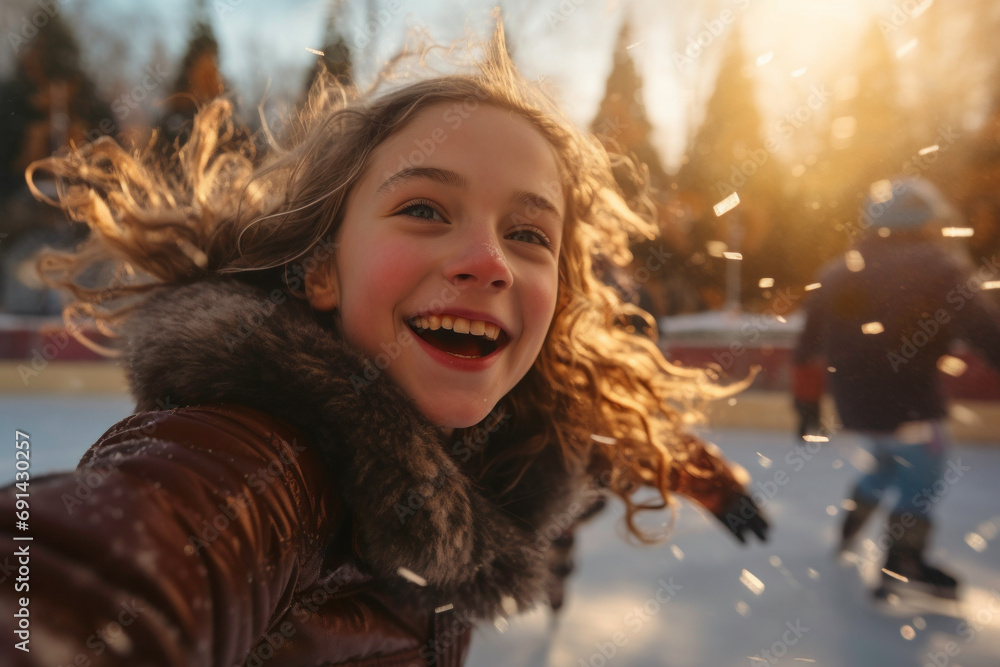 Happy teenage girl skating on ice on open ice rink. Having fun on winter holiday. Skater enjoying ice skating witn friends. Sport and leisure on snow and ice Happy teenage girl skating on ice on open ice rink. Having fun on winter holiday. Skater enjoying ice skating witn friends. Sport and leisure on snow and ice
