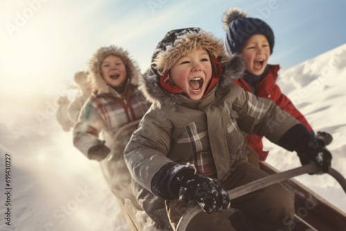Group of excited children riding sled, play in the snow, laughing and having fun. Children enjoying winter holiday riding sledge. Positive kids enjoying snowy winter
