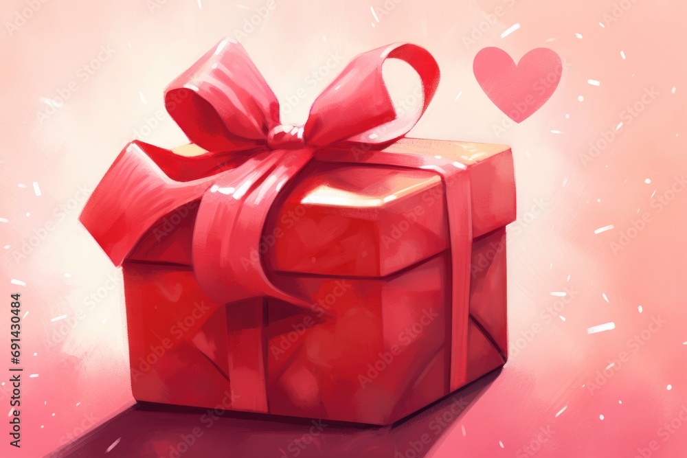 Charming Red Gift, Illustrated in Cheerful Cartoon Style, Radiating Positivity and Warmth, Valentine's Day