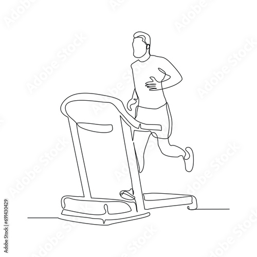 Continuous single line sketch drawing of healthy man run on treadmill machine. One line art of training gym sport exercise vector illustration