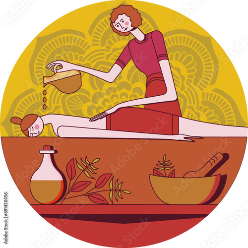 Aromatherapy massage using massage oil and essential oils with massage therapist in spa. Isolated flat vector illustration in circle shape.