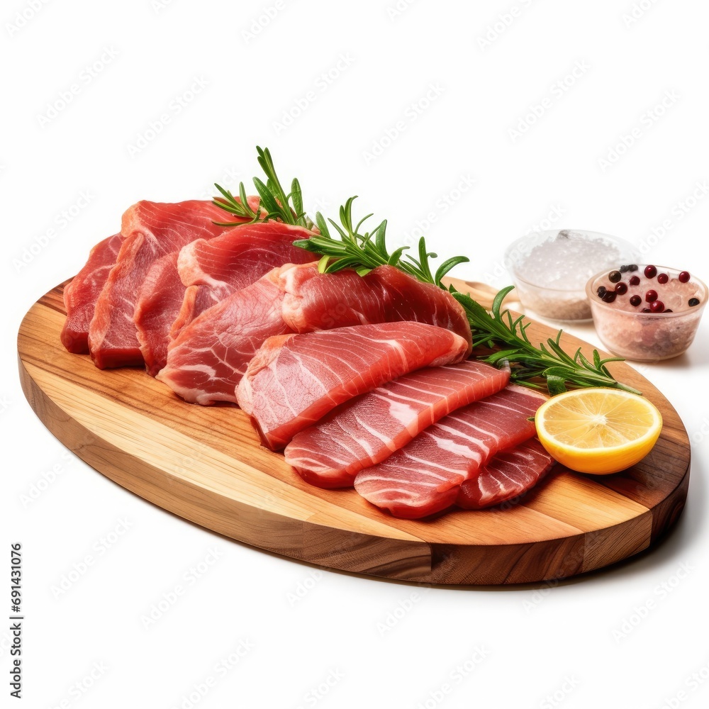 Raw Meat Slices on Wooden Board Raw Meat Slices on Wooden Board