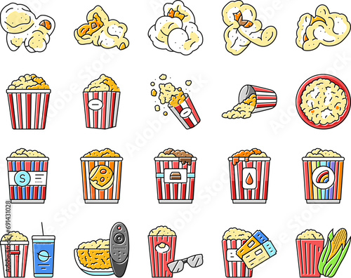 popcorn corn pop cinema icons set vector. white movie, snack bucket, food sweet, box falling, pile bag, yellow popcorn corn pop cinema color line illustrations