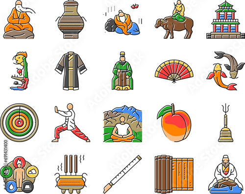 taoism yang yin ying chinese icons set vector. harmony philosophy, china religion, yinyang fish, ghost jang, book carp taoism yang yin ying chinese color line illustrations