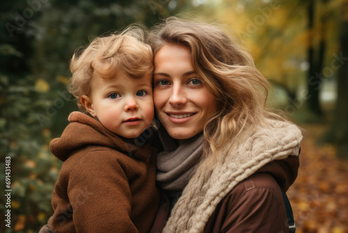 Portrait of a mother holding her child, both dressed in warm earth tones, complementing the autumn leaves around them