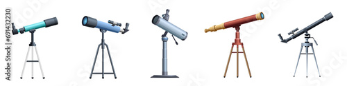 Modern portable three legged telescopes set. Telescope on tripod stand