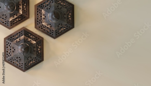 ramadan eid mubarek lantern candle top view banner background