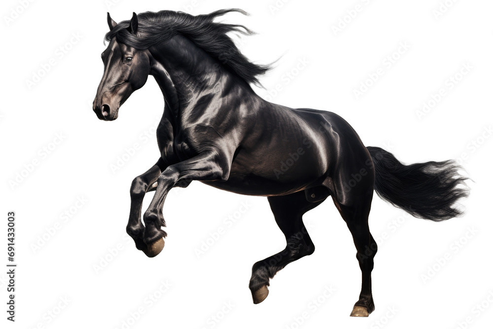 black horse jumping in running PNG isolated on white transparent background