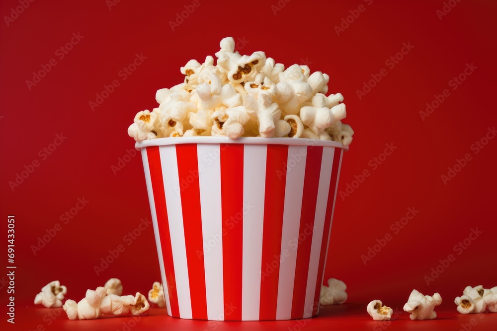 classic red and white striped popcorn bucket spills over with kernels on a matching red background