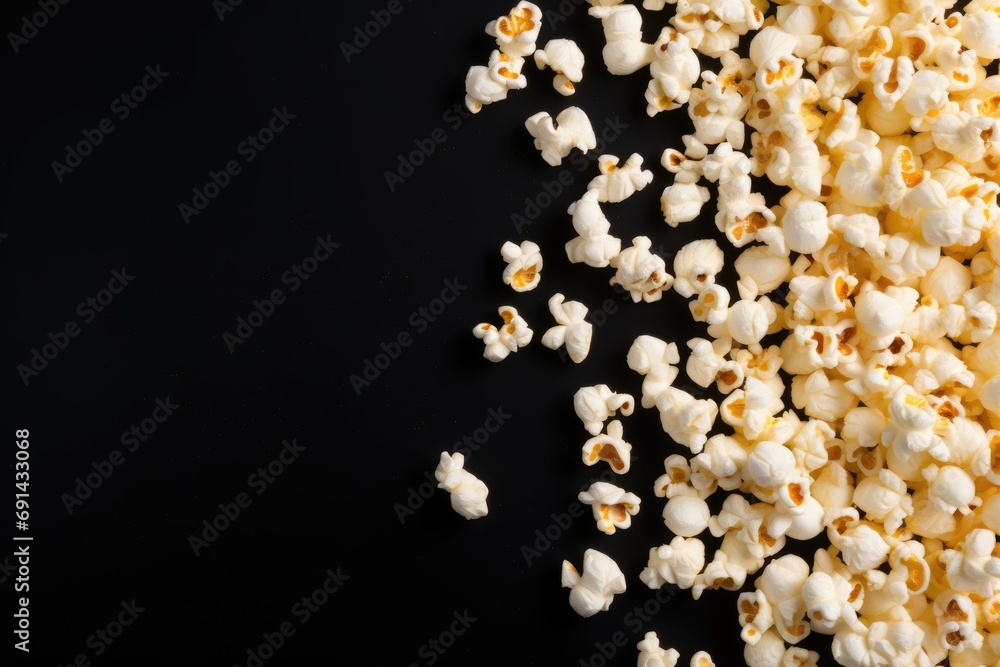 Popcorn and golden kernels creating a half frame on a black background, cinema premiere promotion campaign design Popcorn and golden kernels creating a half frame on a black background, cinema premiere promotion campaign design