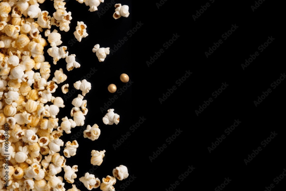 Popcorn and golden kernels creating a half frame on a black background, cinema premiere promotion campaign design Popcorn and golden kernels creating a half frame on a black background, cinema premiere promotion campaign design