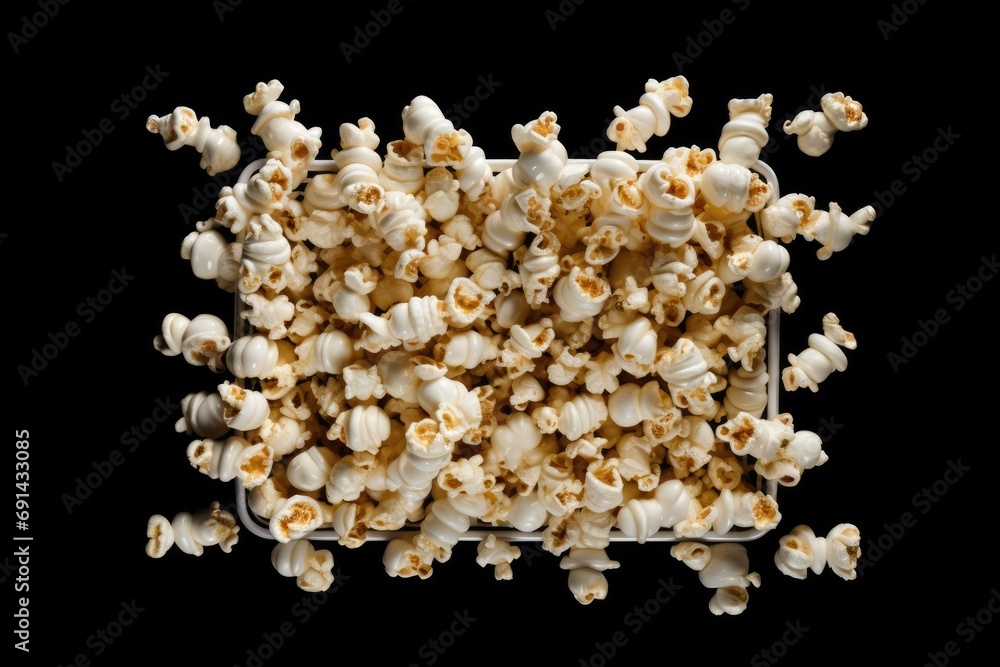 rectangular frame filled to the brim with popcorn kernels exploding outwards on a black background rectangular frame filled to the brim with popcorn kernels exploding outwards on a black background
