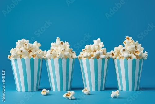 Striped paper baskets filled with white popcorn against a blue background photo