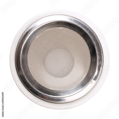 Incense burner with metal sieve, from above. Made of white ceramic, with stainless steel grid, and place for a tealight at the bottom, to mix and burn any desired combination of incense and resins.