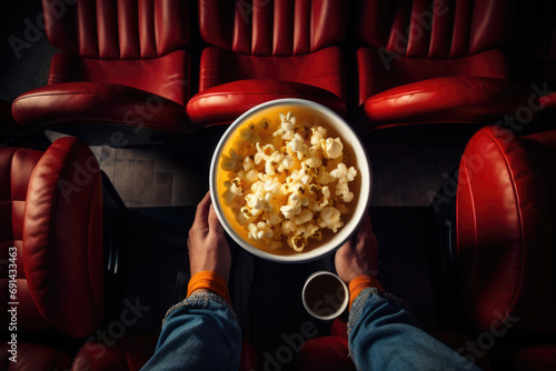 cinematic moment captured from above, with a viewer holding a bowl of popcorn in a theater setting, ready for the film to start photo