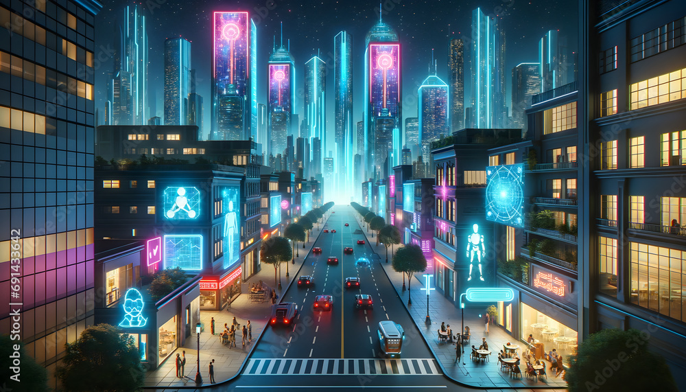 AI generated nighttime futuristic cityscape with neon ads, starry sky, robots and citizens in parks and cafes