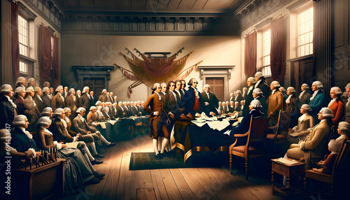 AI generated image realistically portrays the signing of the Declaration of Independence, capturing a diverse group of historical figures in 18th-century attire photo