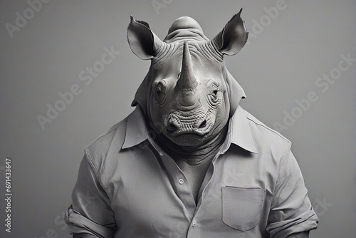 Fashion rhino in shirt gray monochrome portrait 