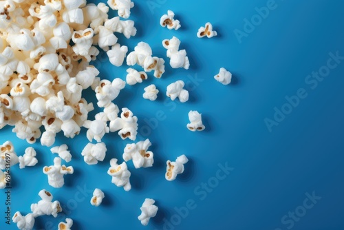 Top view Scattered popcorn kernels against a serene blue background