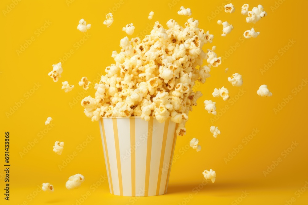 Popcorn bursting from a striped cup, capturing the essence of summer movie premiere season on a yellow backdrop Popcorn bursting from a striped cup, capturing the essence of summer movie premiere season on a yellow backdrop