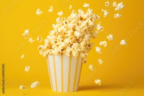Popcorn bursting from a striped cup, capturing the essence of summer movie premiere season on a yellow backdrop photo