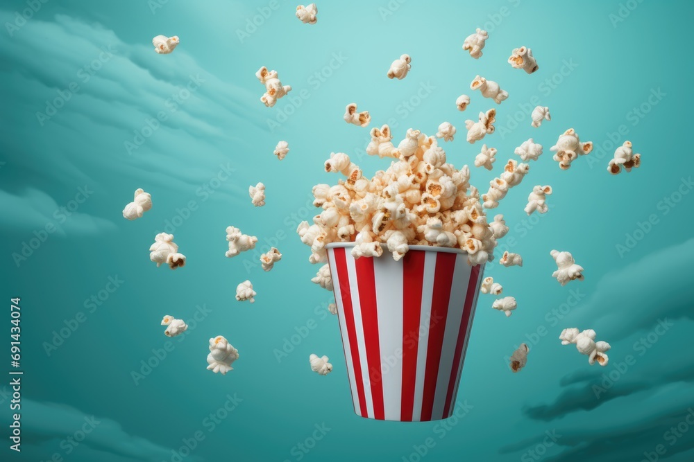 Popcorn bursting energetically from a striped red and white container against a teal background Popcorn bursting energetically from a striped red and white container against a teal background