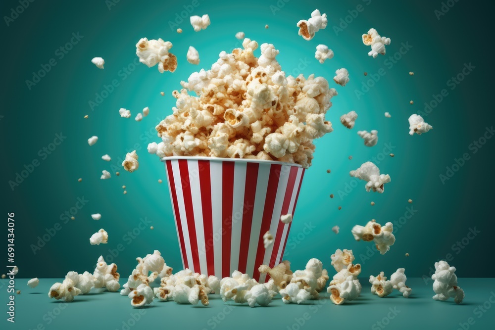 Popcorn bursting energetically from a striped red and white container against a teal background
