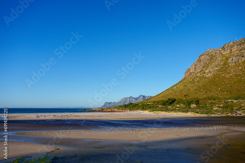 View of the gorgeous Rooi Els beach and estuary with the Kogelberg Mountains and Clarence Drive in the background an a common tern (Sterna hirundo) colony on the sandbank. Western Cape. South Africa.