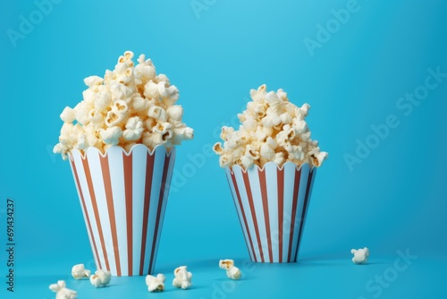 Two striped popcorn cups brimming with popcorn on a vibrant blue background, with some kernels scattered around © gankevstock