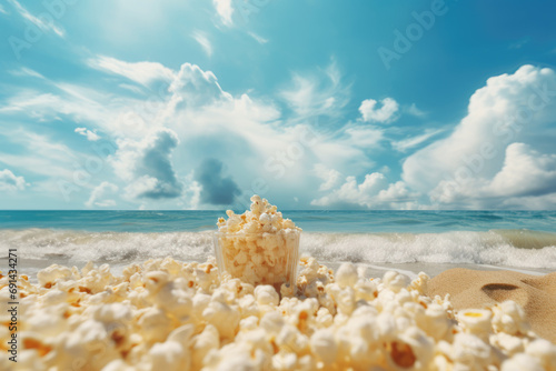 cup of popcorn on the sandy beach with the ocean in the background, evoking summer blockbuster vibes photo