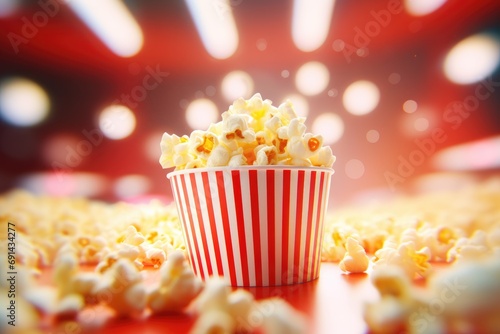 striped popcorn cup on a table with a bokeh light backdrop, embodying the excitement of a box office hit premiere