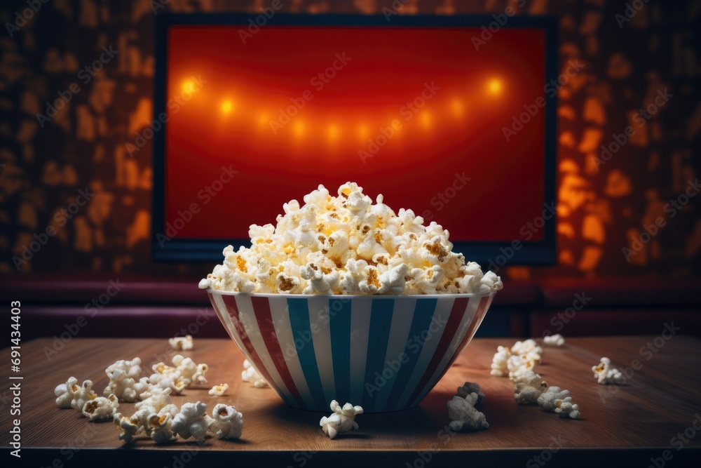 bowl of popcorn in the foreground with a movie playing on the TV in a warm, inviting room