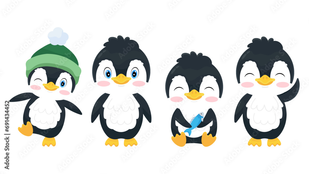 Fototapeta premium Set of vector illustrations of a cute penguin in a flat style. Antarctic bird. Cute cartoon penguin character.