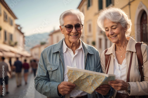 Happy senior couple holding a city map, sightseeing in a europen town, enjoying vacation together. Retired tourists in a journey, adventure. Retirement hobby and leisure activity for elderly people.
 photo