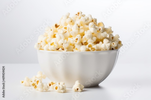 white bowl filled with popcorn on a clean, white background, emphasizing simplicity and taste