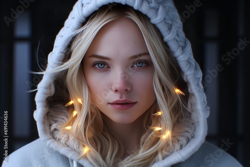 Stunning womans portrait with festive bokeh lights in the background, high quality image for sale