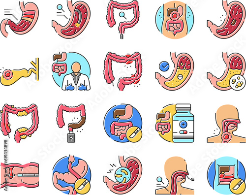 gastroenterologist doctor stomach icons set vector. health gastroenterology, intestine research, medical bowel, disease microbiota gastroenterologist doctor stomach color line illustrations