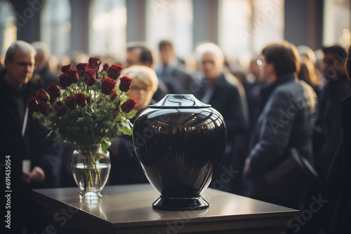 A Funeral urn with ash stands with flowers in a cemetery chapel just before the funeral service. Farewell to the deceased in church.