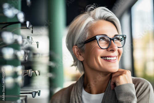 Stylish Vision Quest: Middle-Aged Woman with Glasses Exploring Options at the Optician photo