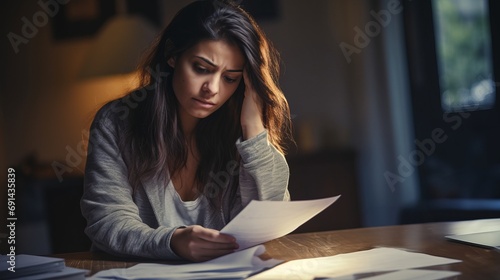 Stressed woman holding papers of expenses bills in her hands, calculating family budget, trying to save some money