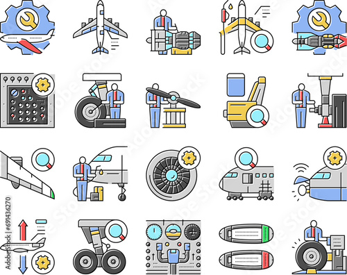 aircraft mechanic icons set vector. aviation maintenance, airplane plane, jet engine, industry airport, repair, hangar aircraft mechanic color line illustrations