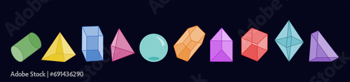 Set of various geometric shapes. Rhombus, cylinder, sphere, pyramid, cube, parallelepiped, prism. Isometric view. Hand drawn vector illustration isolated on black background. Modern flat cartoon style